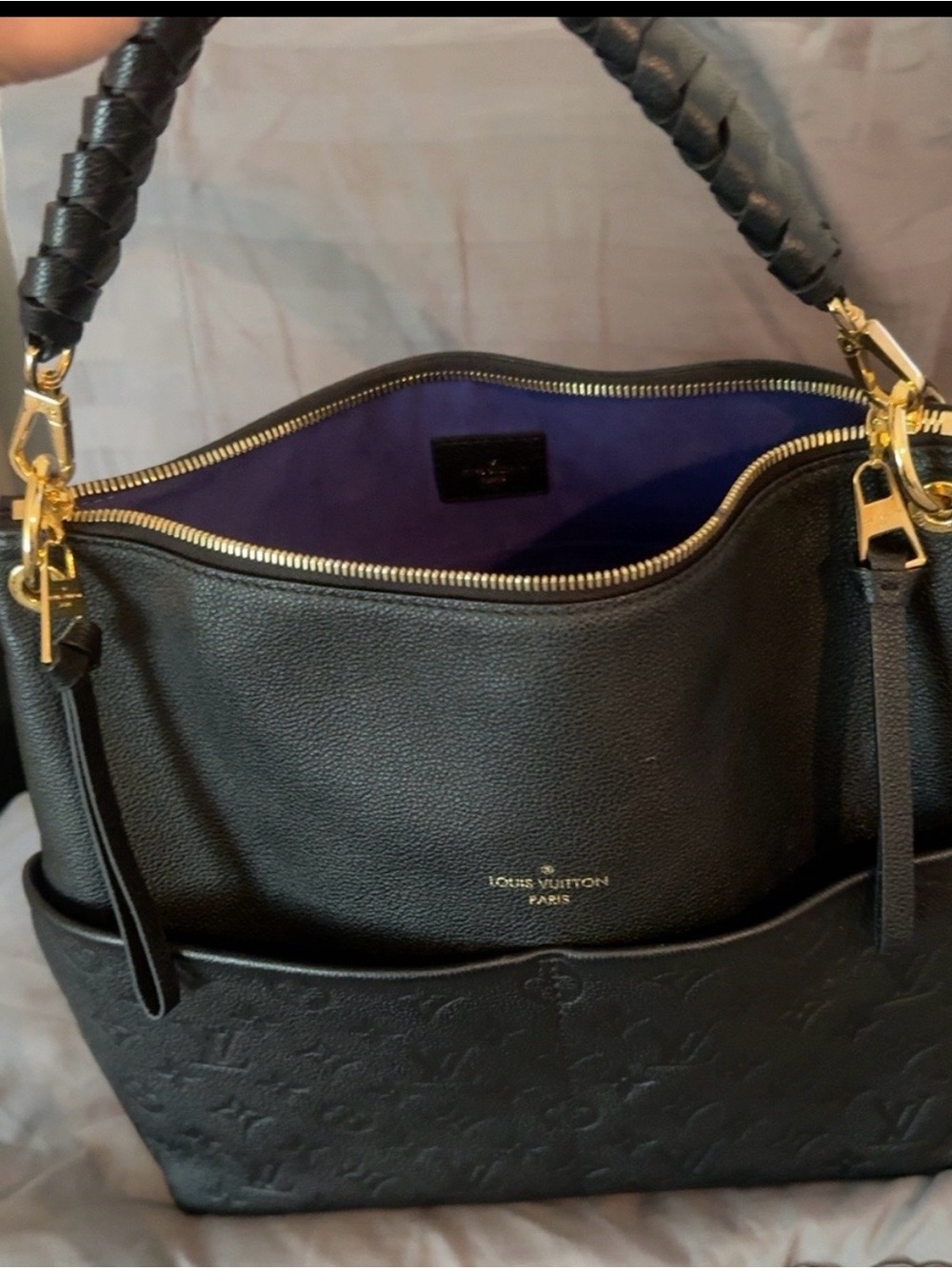 Louis Vuitton Black Leather Shoulder Bag with Purple Interior and Gold Hardware